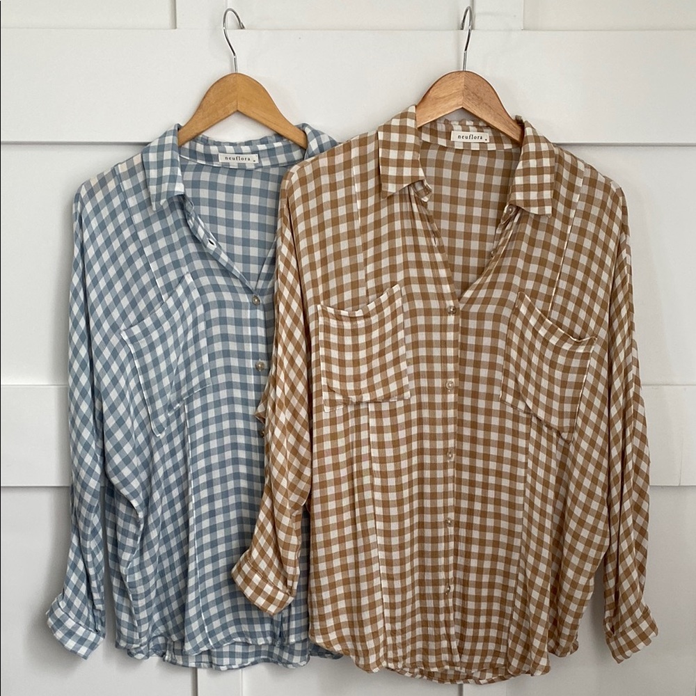 Neuflora Women's Gingham Button-Up Shirt - Blue and Tan